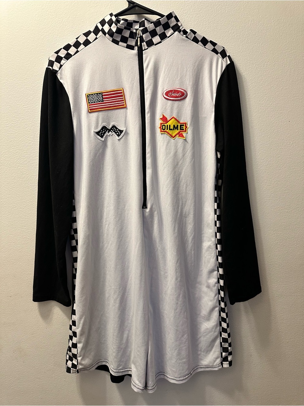 Women’s Black & White Racing-Style Long Sleeve one piece  with Patches costumes
